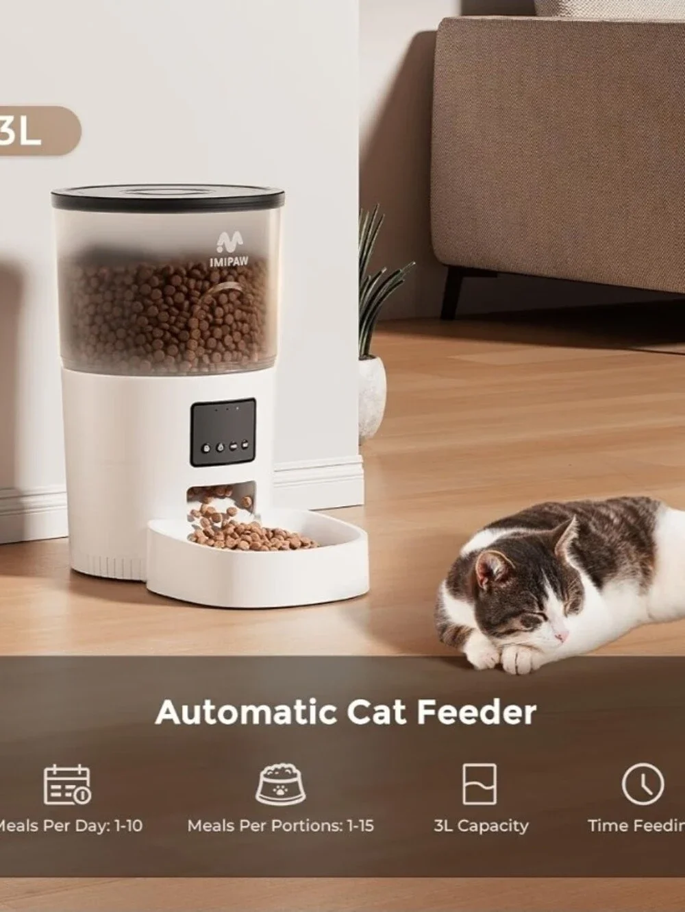 IMIPAW Automatic Cat Feeder - 3L Pet Dry Food Dispenser with Timed Programmable